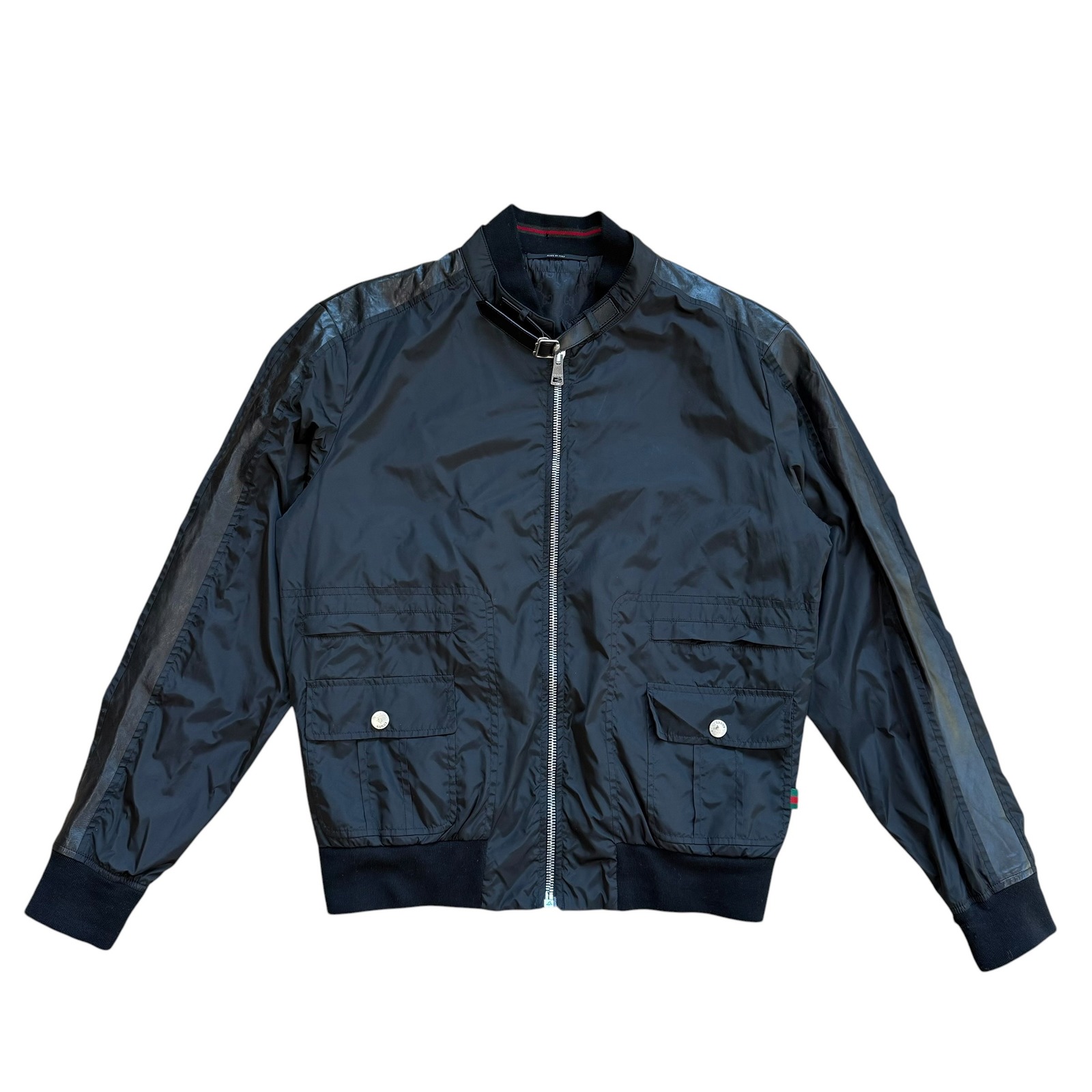 Gucci Mens Black Polyamide Leather Trim Bomber Jacket 221499 Size 54 It